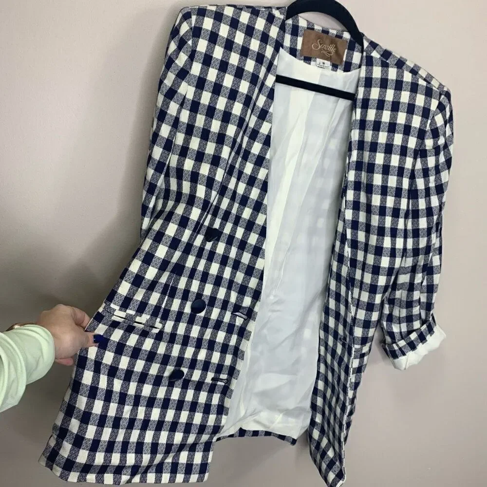 Saville Vintage double breast blazer jacket navy white gingham size 8 (J1)